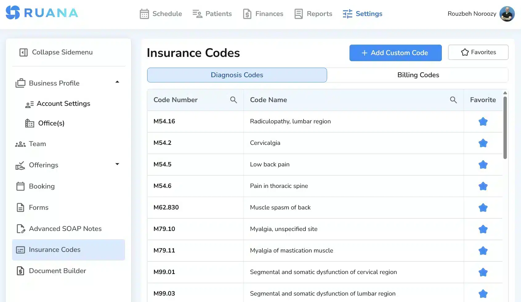 Insurance Codes location in Ruana Settings