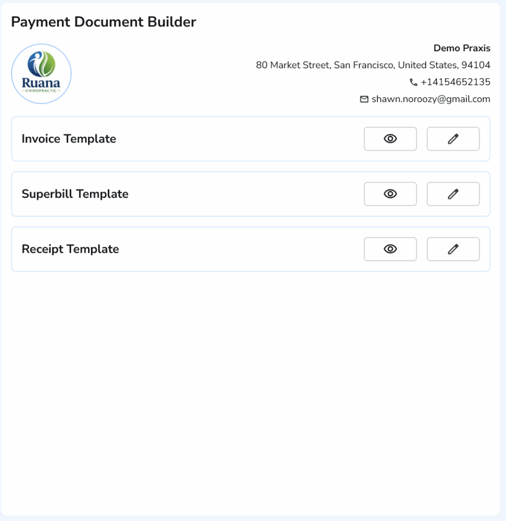 A digital dashboard in Ruana titled "Payment Document Builder" showing options to view or edit templates for Invoices, Superbills, and Receipts.
