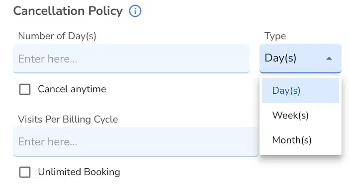 Cancellation policy section showing type dropdown (days, weeks, months)