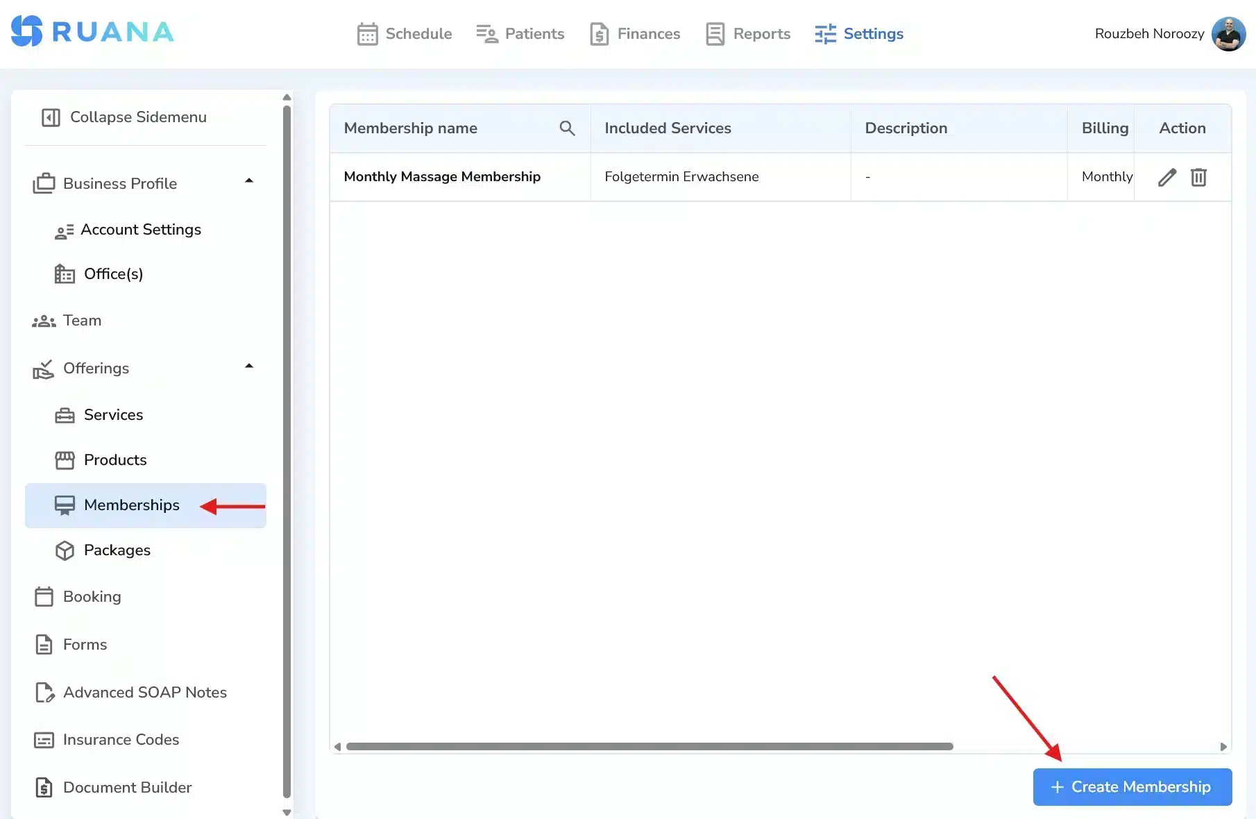 Memberships page with Create Membership button
