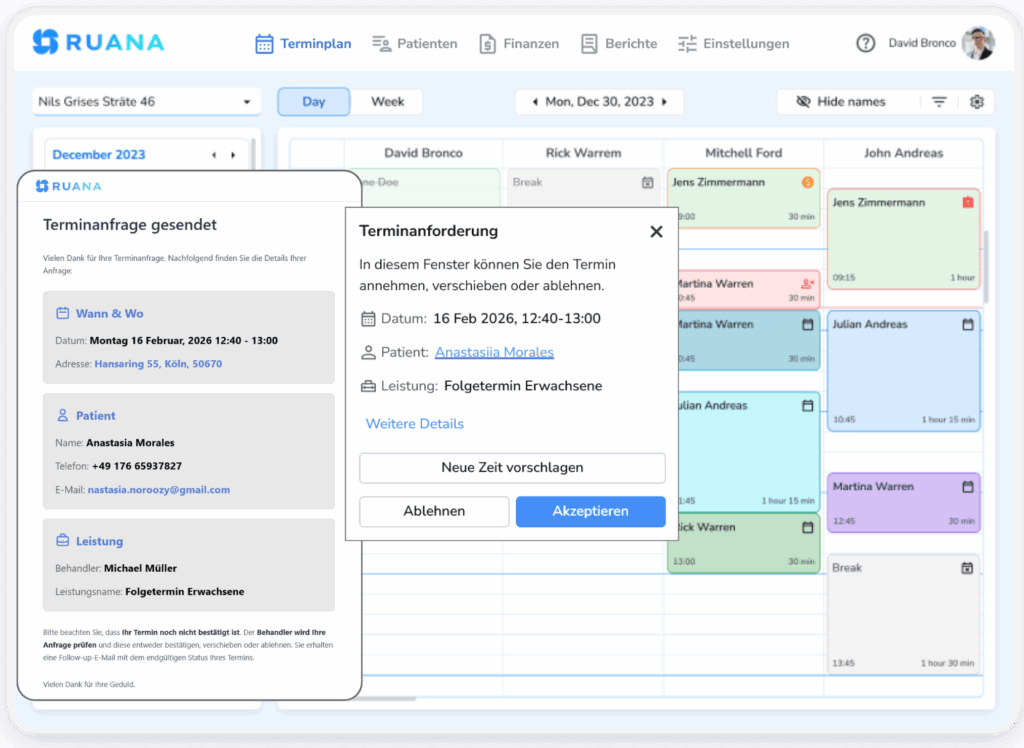 Screenshot der RUANA-Software mit zwei Overlay-Fenstern: Eines zeigt eine gesendete Terminanfrage für Anastasiia Morales, das andere ein Dialogfenster für den Behandler zum Akzeptieren, Ablehnen oder Verschieben des Termins.