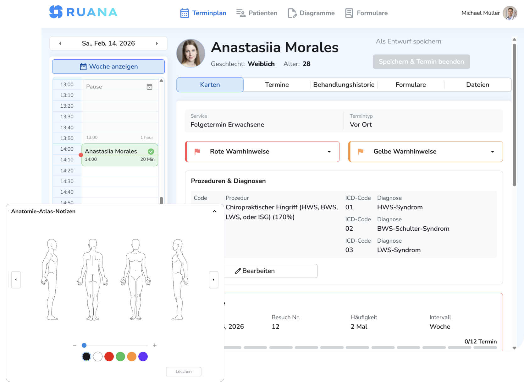 Die RUANA-Softwareoberfläche zeigt die Patientenakte von Anastasiia Morales mit Informationen zu einem Folgetermin, Diagnosen wie HWS-Syndrom und einem Zeitplan auf der linken Seite.