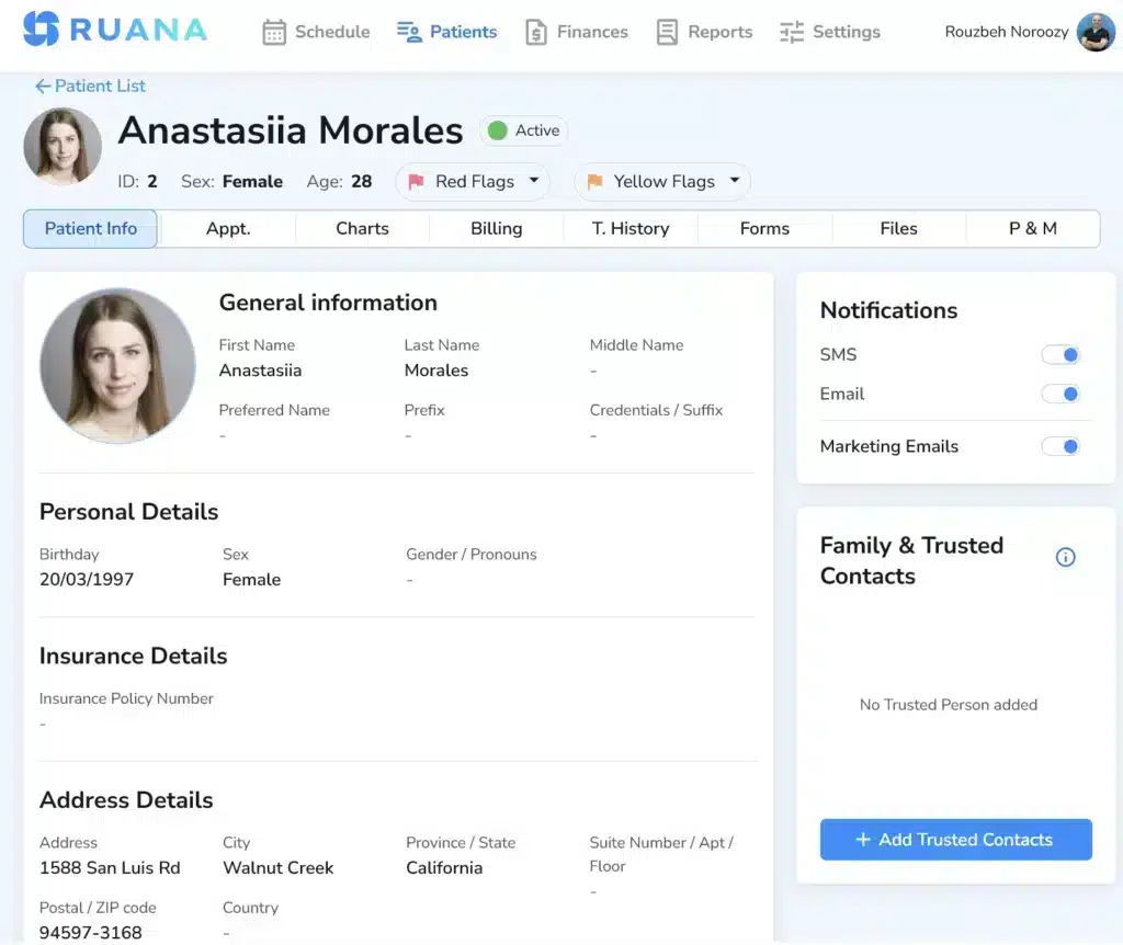 A digital patient file in Ruana for Anastasiia Morales showing her photo, personal details, insurance info, and notification settings.