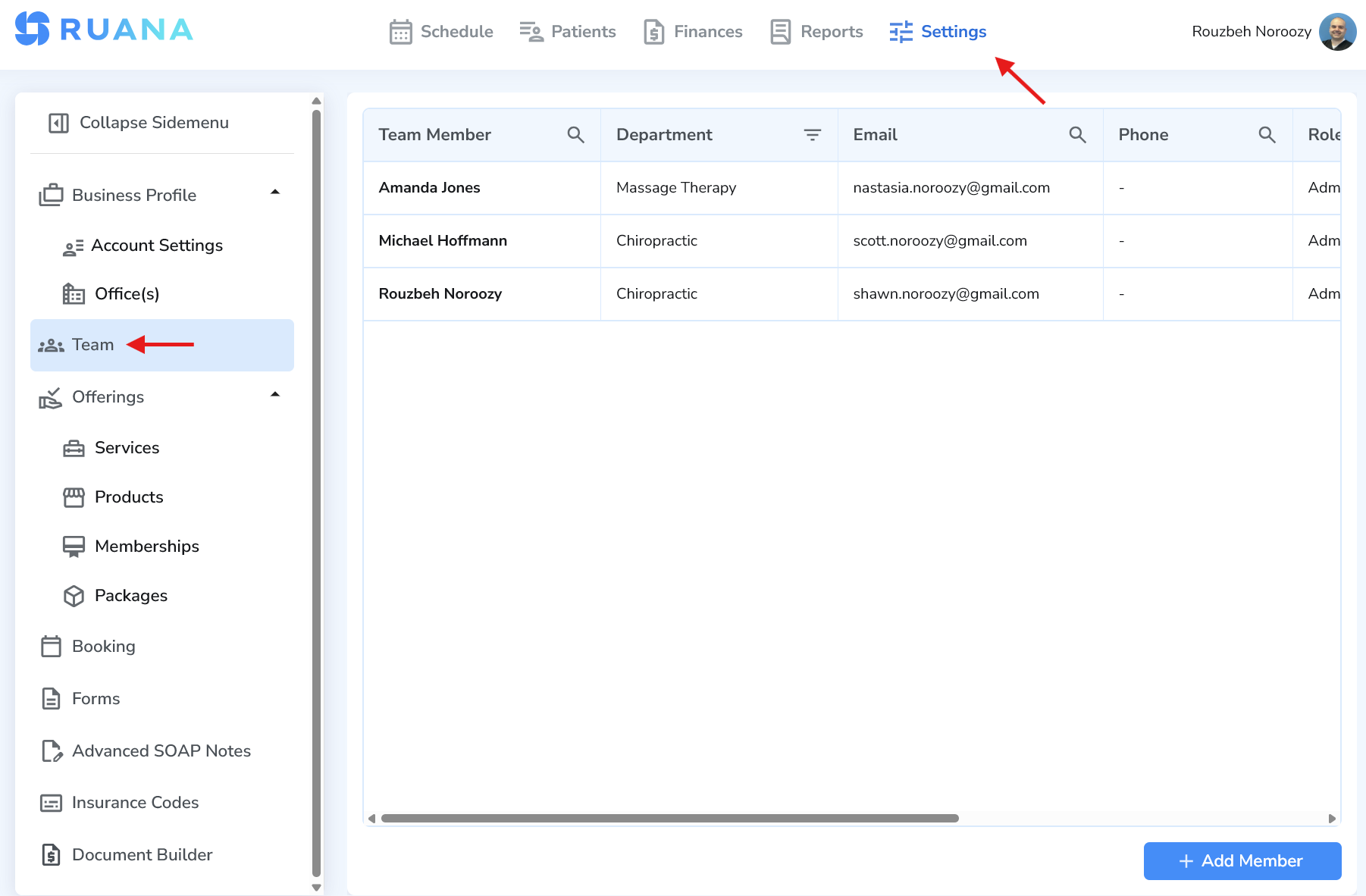 Team page in Ruana with Add Team Member button highlighted