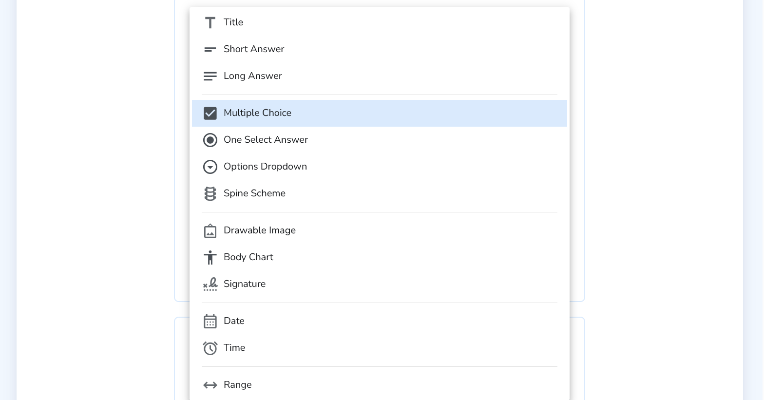 Question type menu showing multiple choice, short answer, long answer, body chart, signature, and more