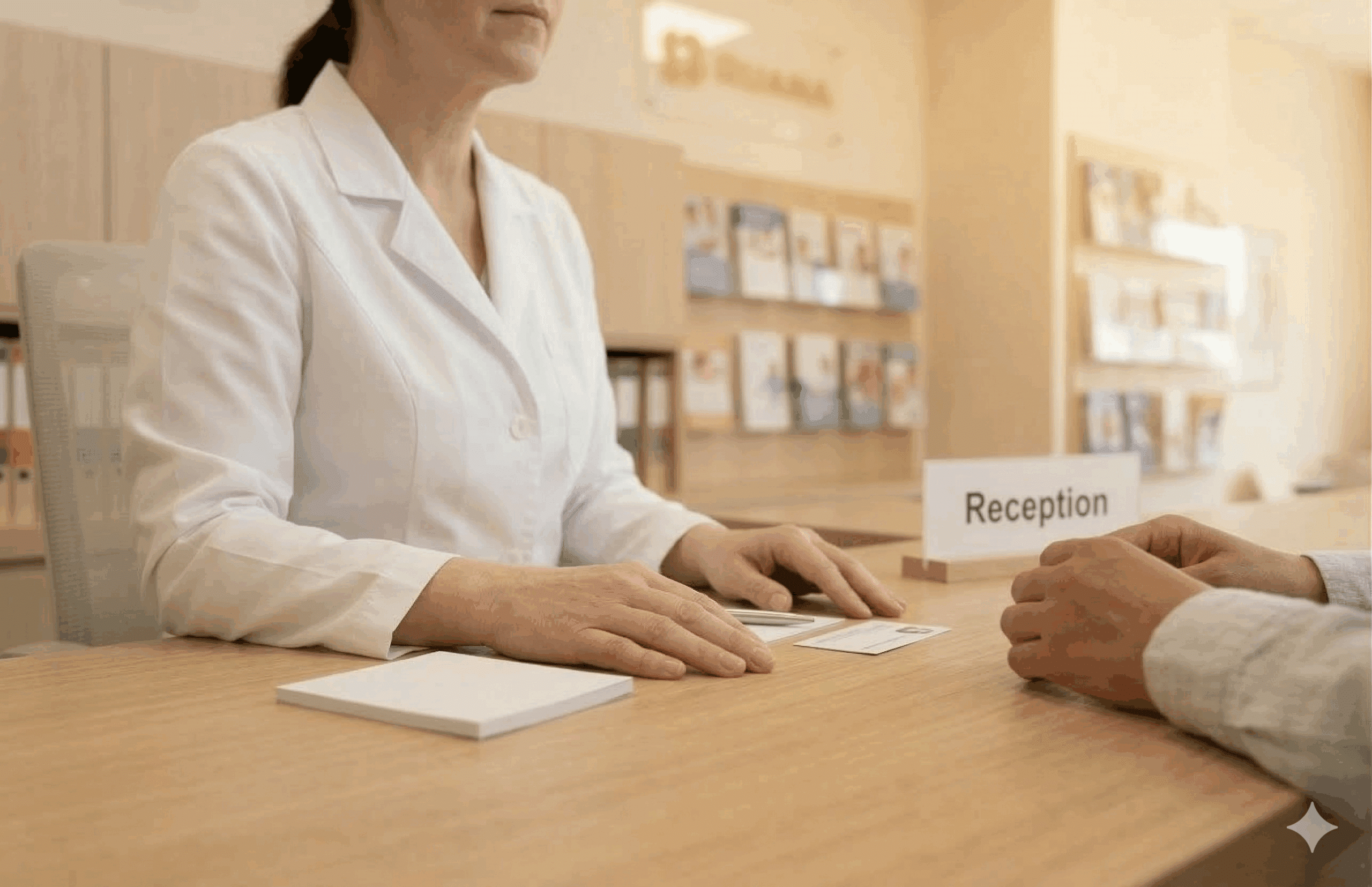 A close-up, shallow depth-of-field shot of a practitioner in a white clinical coat sitting at a light wood reception desk. Her hands rest calmly on the surface across from a patient's hands. The background shows a warm, modern clinic interior with a "Reception" sign.