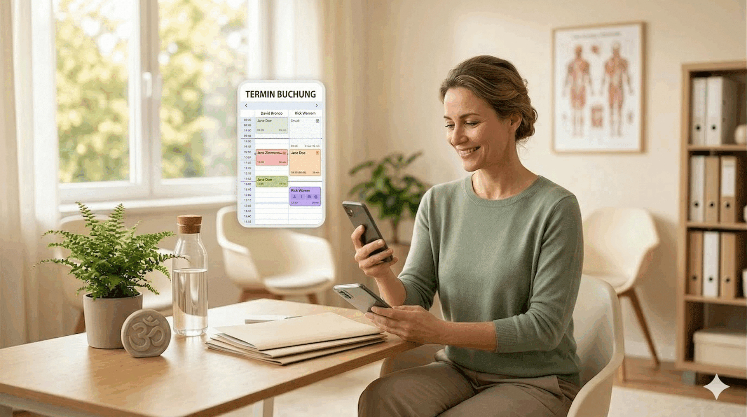A woman in a green sweater sits at a desk with a smartphone. Floating next to her is a digital interface titled "TERMIN BUCHUNG" showing a colorful daily schedule with various appointment slots.