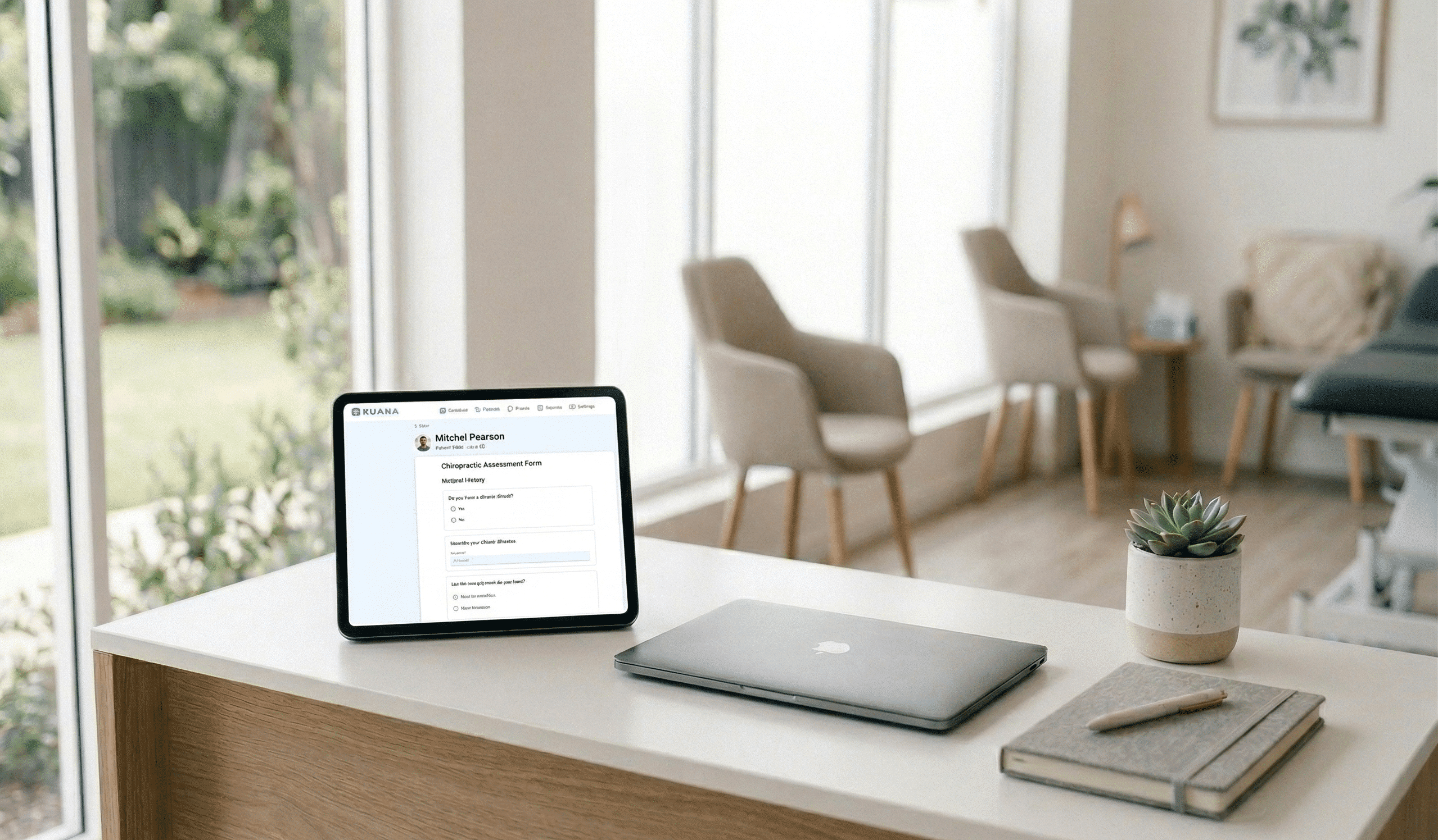 A close-up photograph of a light-wood and white-topped desk in a modern, sunlit chiropractic clinic. On the desk are a tablet displaying a patient intake form (for 'Mitchel Pearson'), a closed grey laptop, a potted succulent, a closed journal, and a pen. Large floor-to-ceiling windows with a view of a garden are on the left, and comfortable waiting chairs are blurred in the background.