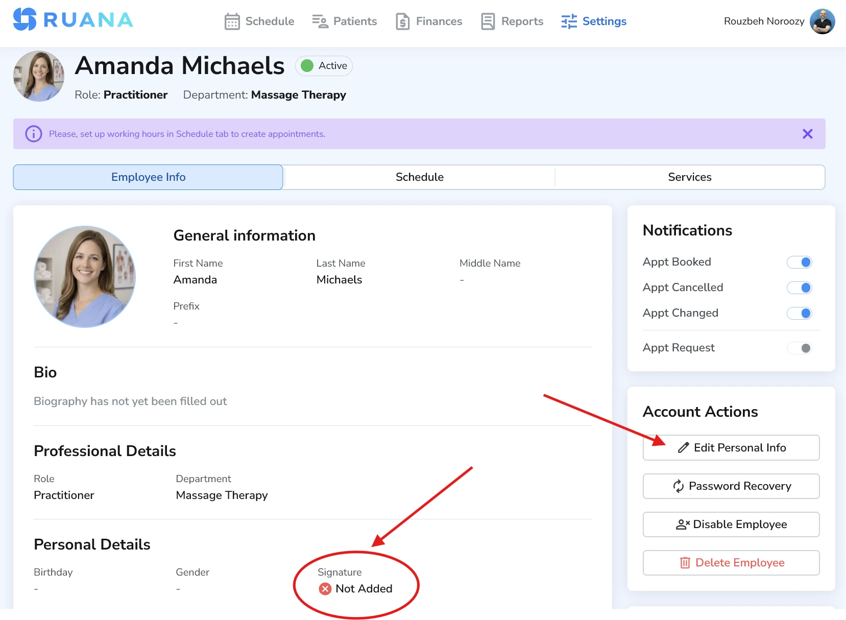 Adding a signature to a practitioner or therapist in Ruana by signing directly on screen or uploading a file