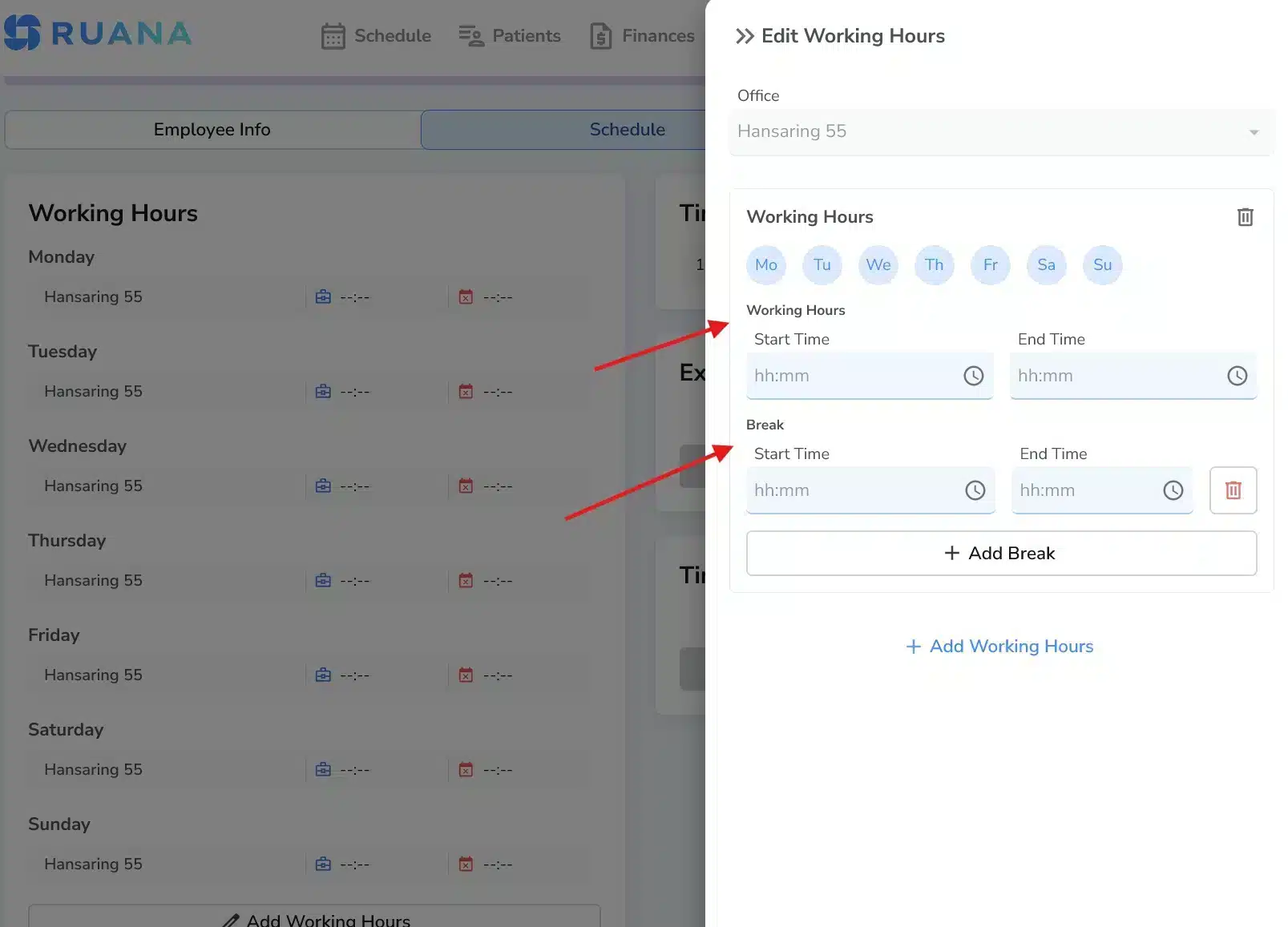 Practitioner schedule tab showing Edit Working Hours in Ruana