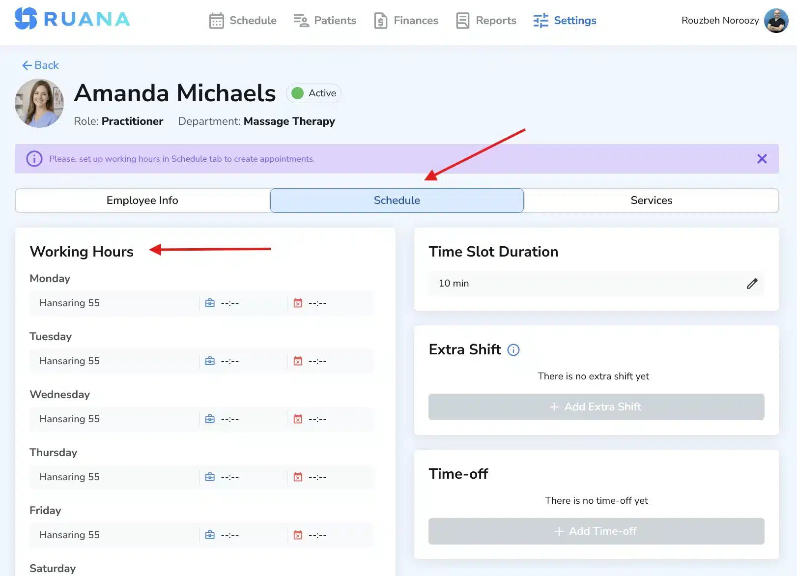 Practitioner schedule tab showing Edit Working Hours in Ruana