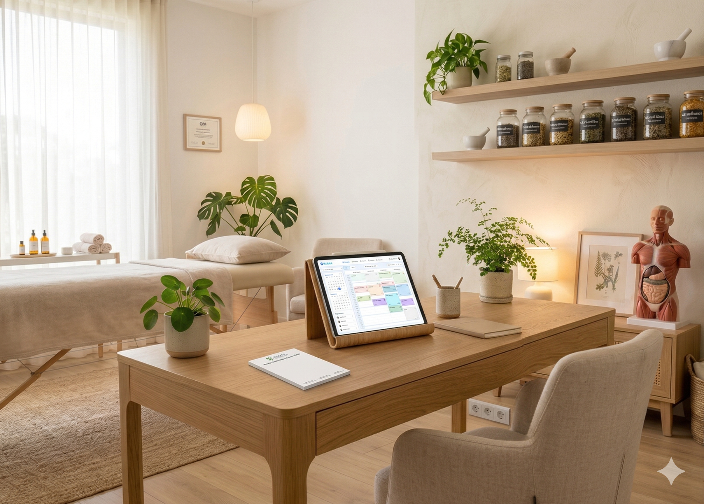 Ein heller, moderner Behandlungsraum für Naturheilkunde mit einem Schreibtisch aus Holz im Vordergrund, auf dem ein Tablet mit Terminkalender steht. Im Hintergrund sind eine Massageliege, Regale mit Kräutergläsern und ein anatomisches Torsomodell zu sehen.