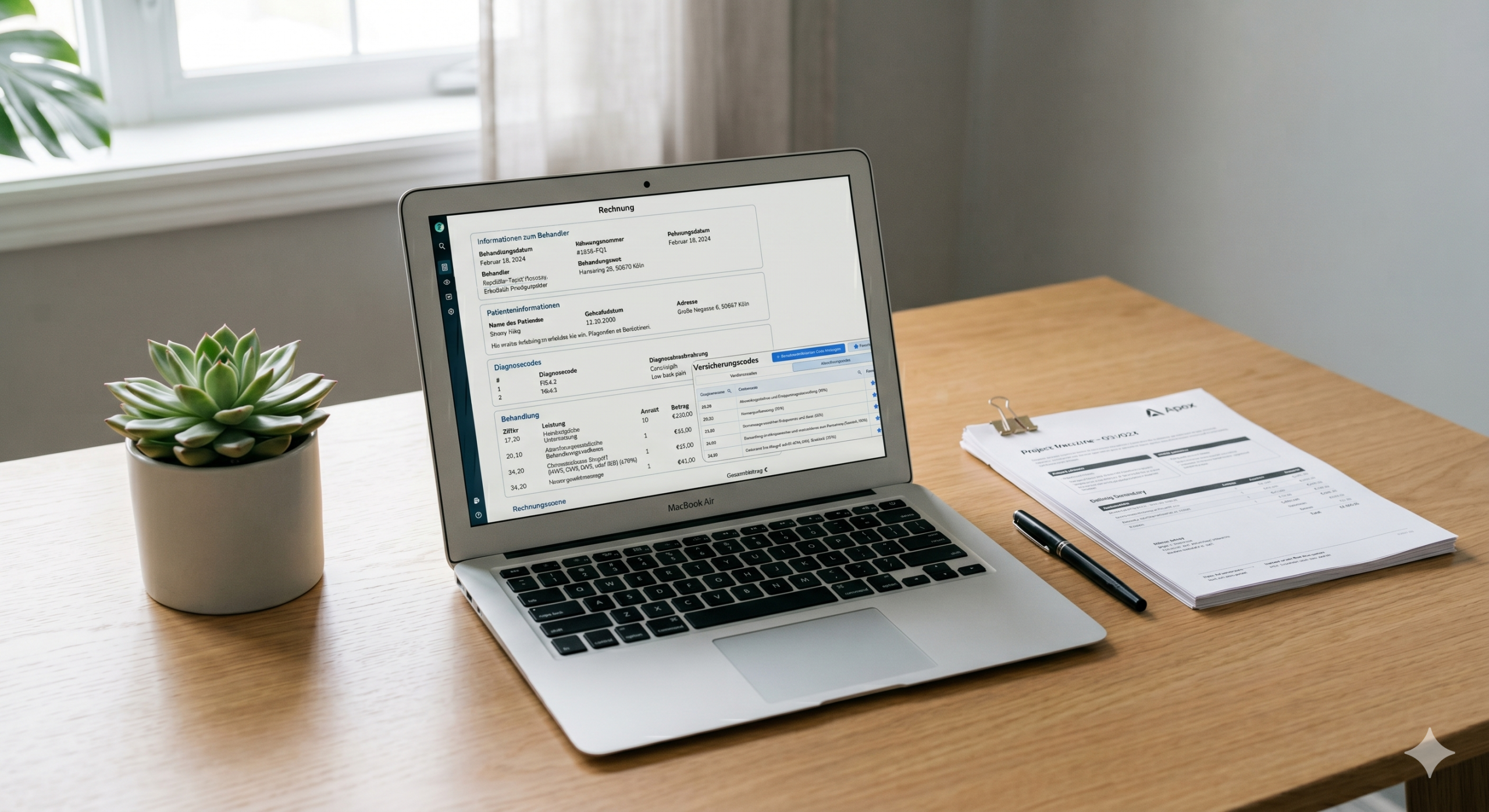Ein moderner Heilpraktiker-Arbeitsplatz 2026 mit einem MacBook Pro, auf dem eine deutsche Abrechnungssoftware für Heilpraktiker mit GebüH-Schnittstelle geöffnet ist. Auf dem Bildschirm ist eine Rechnungsmaske mit Diagnosecodes (Cervicalgia, Low back pain) und Leistungsabrechnung in Euro sichtbar. Daneben liegen ein Stapel Patientenunterlagen, ein Füllfederhalter und eine Sukkulente auf einem Holzschreibtisch.