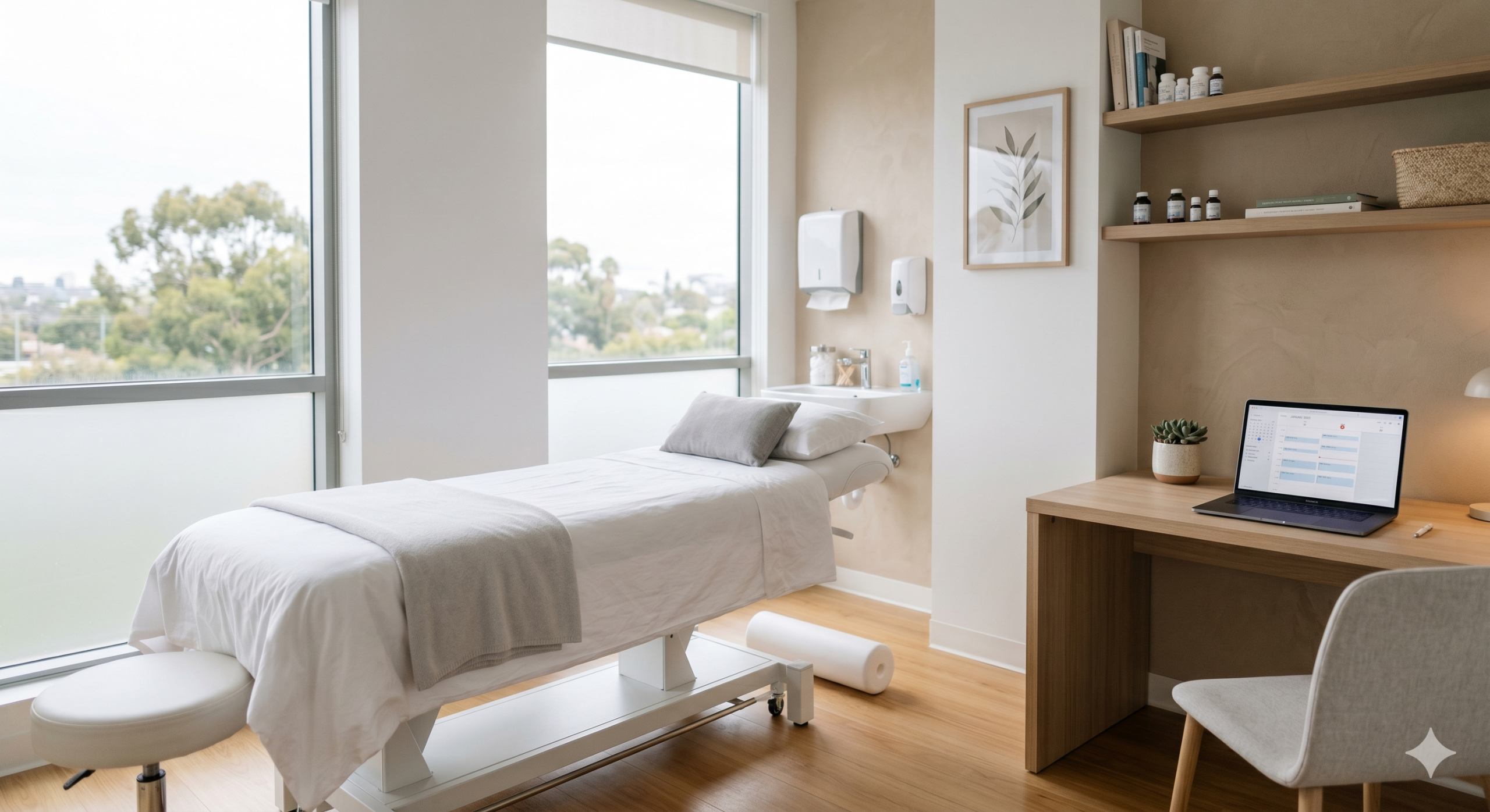 Foto eines hellen, modernen Behandlungsraums mit einer Massageliege, großen Fenstern mit Aussicht auf Bäume, einem Schreibtisch mit Laptop und Regalen mit Produkten.