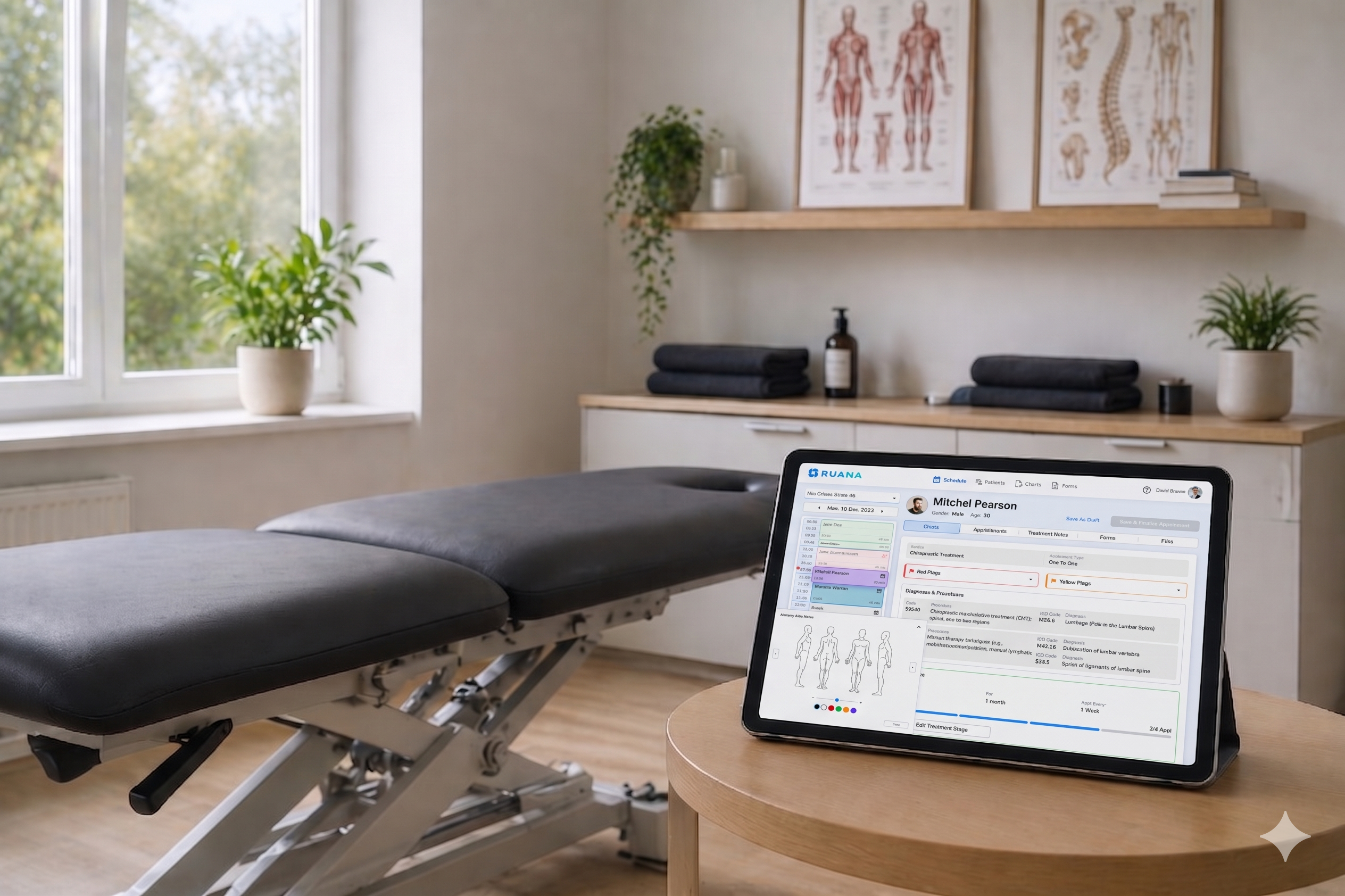 Heller Osteopathie-Behandlungsraum mit einer schwarzen Liege und anatomischen Postern an der Wand. Im Vordergrund steht ein Tablet auf einem runden Holztisch. Auf dem Display ist die digitale Patientenverwaltungs-Software „Ruana“ mit dem Profil des Patienten Mitchel Pearson geöffnet, die Terminplanung, Diagnosen und eine Körperkarte zur Schmerzdokumentation anzeigt. Das Tablet ist einsatzbereit.
