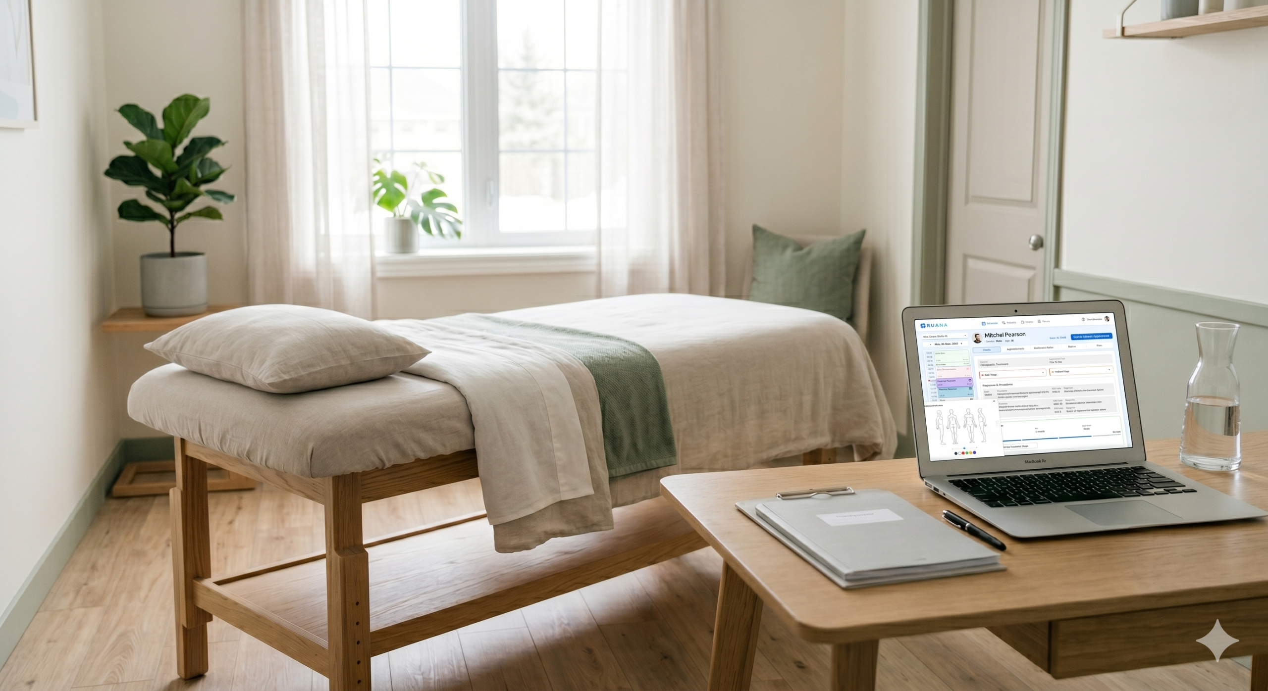 Una moderna sala de tratamiento de osteopatía con una camilla de masaje clara al fondo. Sobre un escritorio de madera en primer plano hay un portátil MacBook Pro, en cuya pantalla está abierto un software de gestión de consultas en alemán para osteópatas con un calendario de citas semanal colorido. Al lado hay un cuaderno, un bolígrafo y una jarra de agua. La imagen irradia tranquilidad y eficiencia.