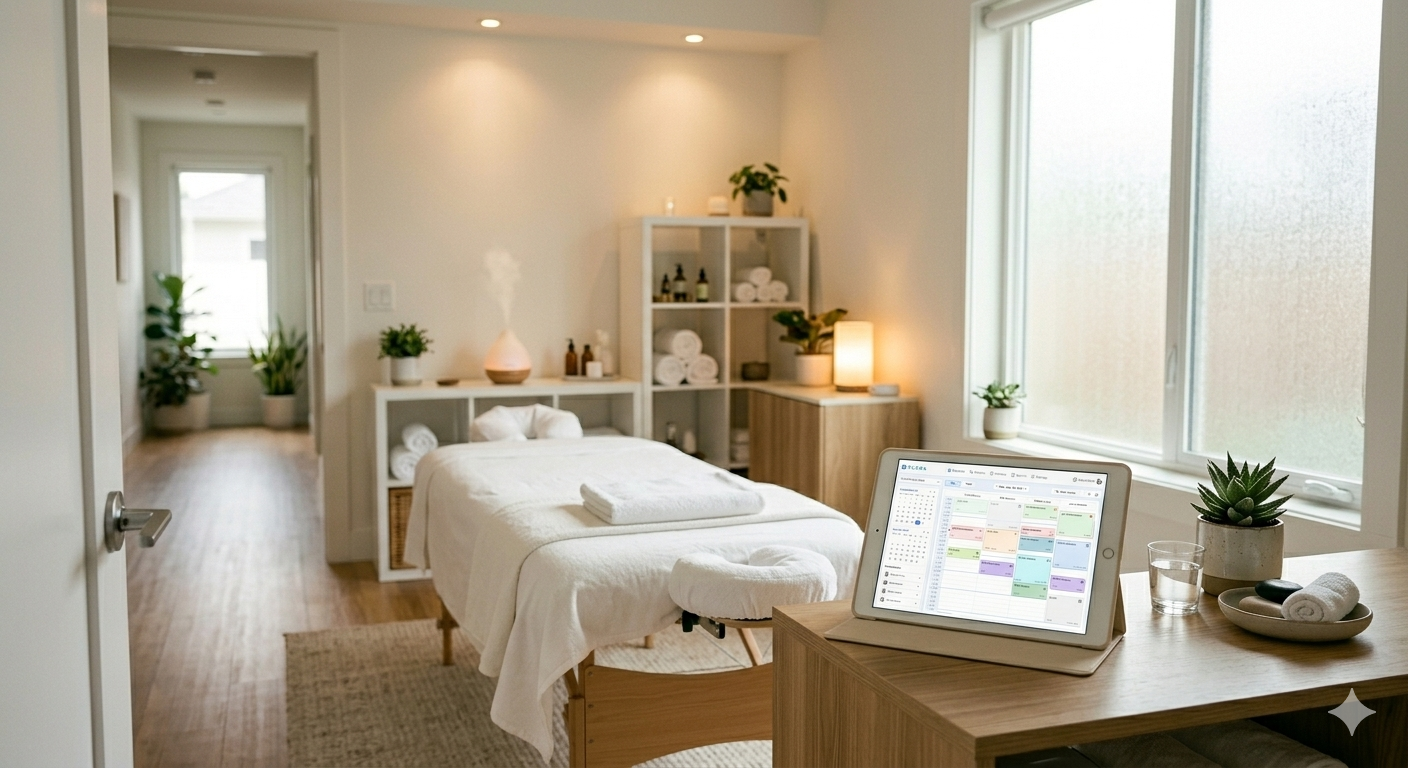 A detailed view of a light-filled, professional massage therapy room. On a wooden desk in the foreground, a tablet displays a weekly scheduling calendar, next to a succulent, a glass of water, and massage stones. In the background is a perfectly made massage table with white linens, illuminated by natural light and warm lamp light, with a hallway visible through an open doorway.