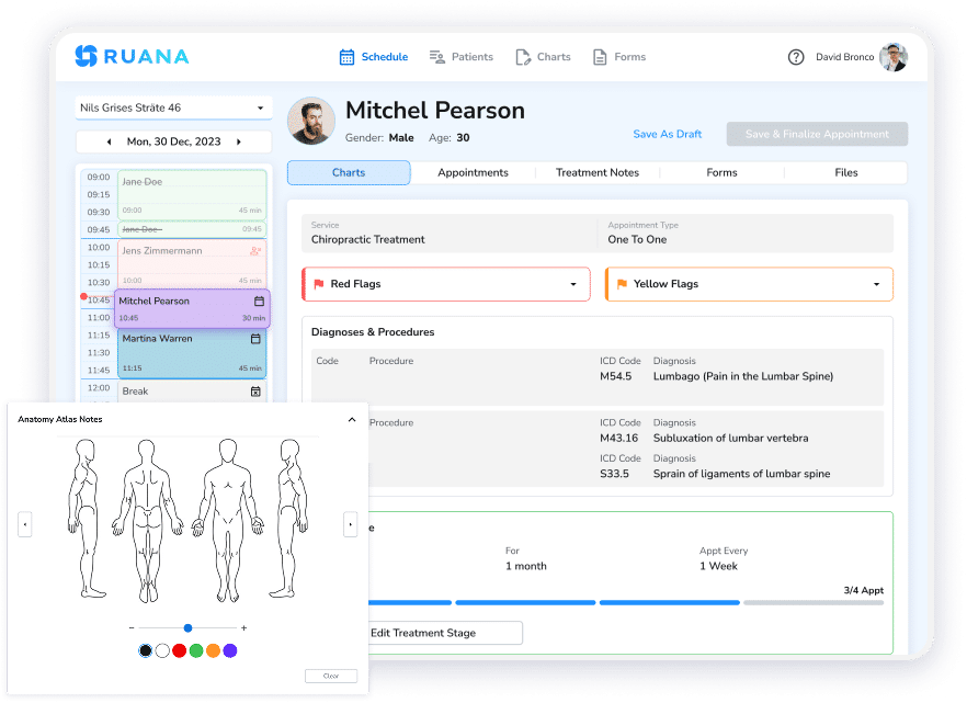 Ruana client chart with session history and treatment records