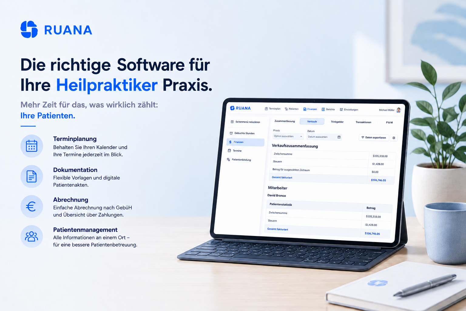 Laptop mit Ruana Heilpraktiker Software für Terminplanung, Dokumentation, GebüH-Abrechnung und Patientenmanagement in moderner Praxisumgebung.