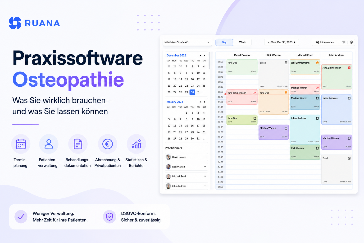 Praxissoftware Osteopathie mit digitalem Kalender, Terminplanung, Patientenverwaltung und Abrechnungssystem