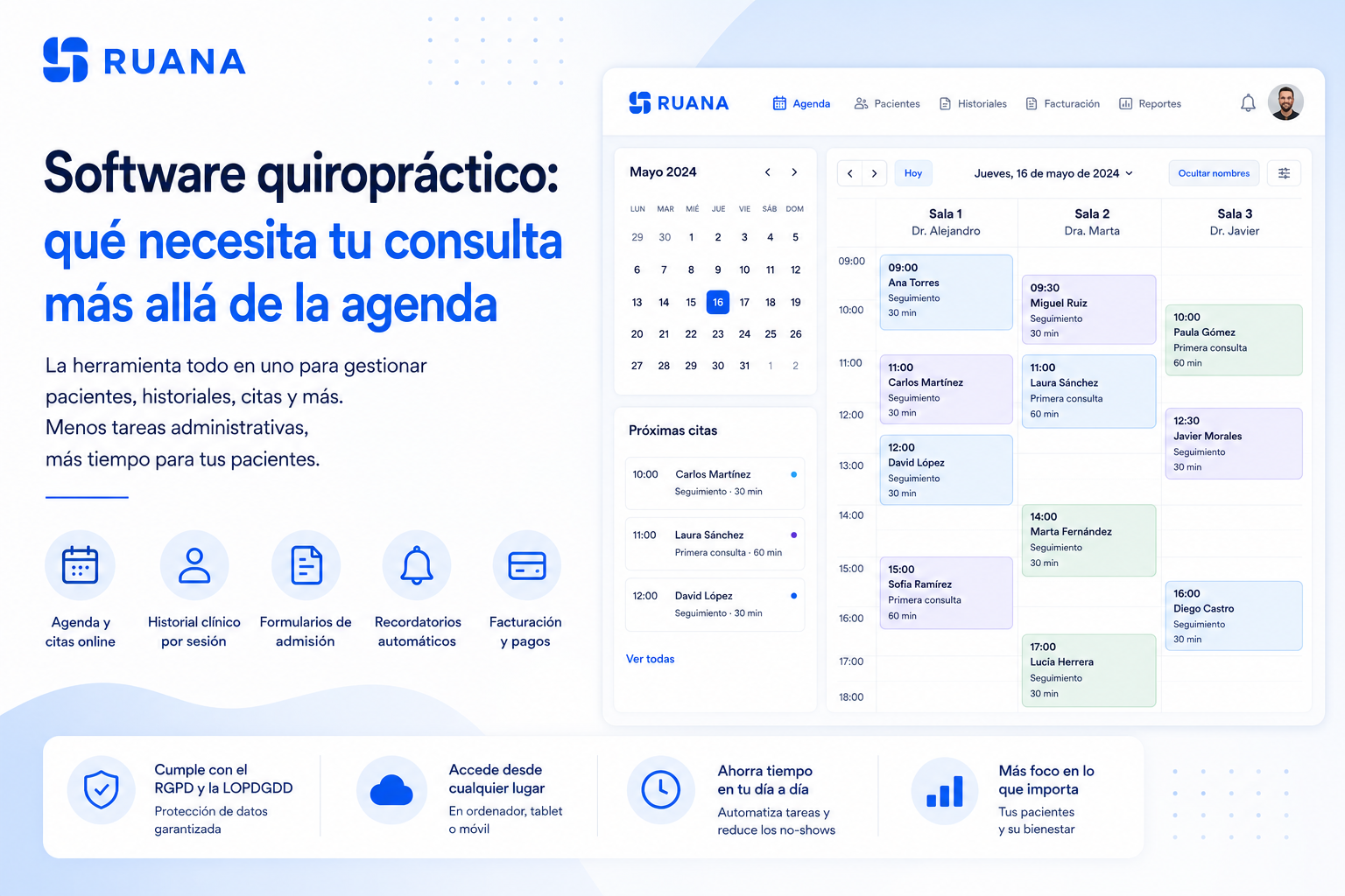 Software quiropráctico con agenda online, historial clínico digital y gestión de pacientes para consultas quiroprácticas