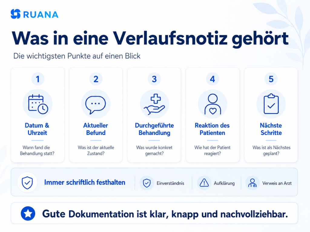 Infografik von Ruana mit den wichtigsten Punkten für eine vollständige Verlaufsnotiz: Datum und Uhrzeit, aktueller Befund, durchgeführte Behandlung, Reaktion des Patienten und nächste Schritte.