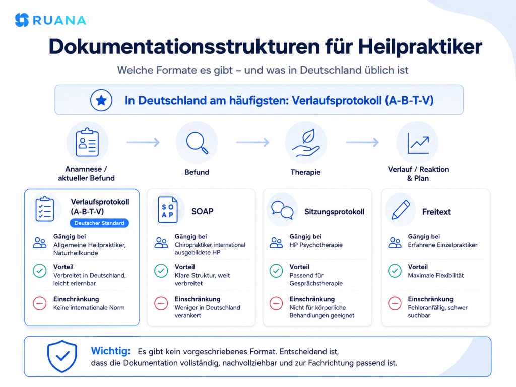 Infografik von Ruana über Dokumentationsstrukturen für Heilpraktiker mit Vergleich von Verlaufsprotokoll, SOAP, Sitzungsprotokoll und Freitext.