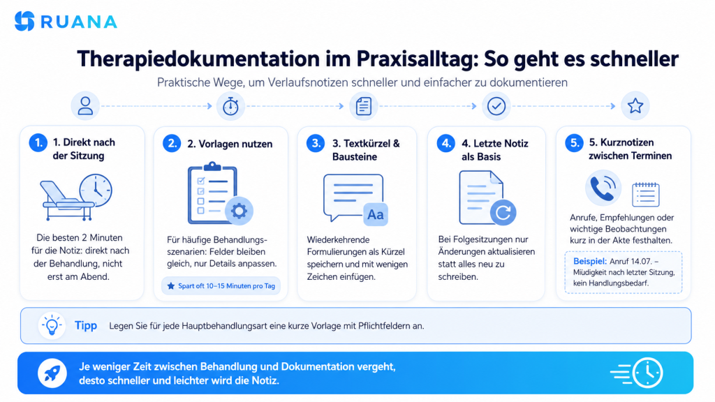 Infografik von Ruana zur schnelleren Therapiedokumentation im Praxisalltag mit fünf Tipps: direkt nach der Sitzung dokumentieren, Vorlagen nutzen, Textkürzel verwenden, die letzte Notiz als Basis nehmen und Kurznotizen zwischen Terminen festhalten.