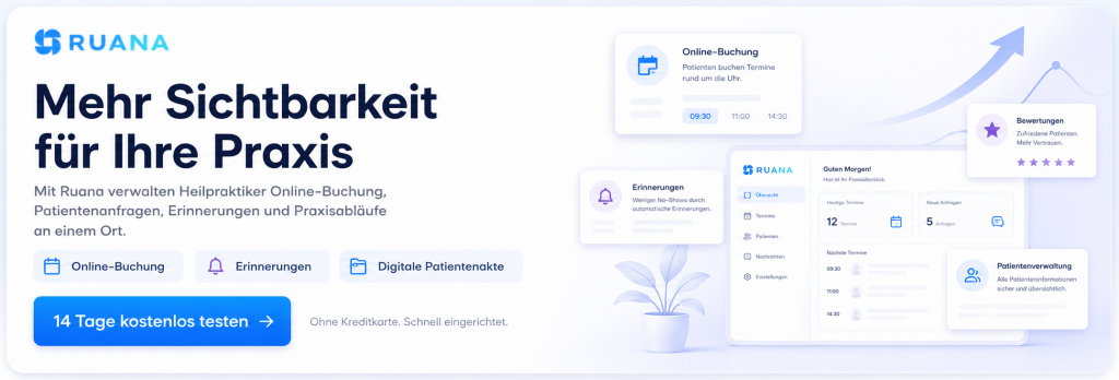 Ruana-CTA-Banner für Heilpraktiker mit Praxissoftware-Oberfläche, Online-Buchung, Erinnerungen, digitaler Patientenakte und Button „14 Tage kostenlos testen“.