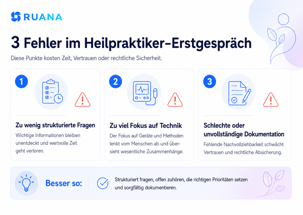Ruana-Infografik über drei häufige Fehler im Heilpraktiker-Erstgespräch: zu wenig strukturierte Fragen, zu viel Fokus auf Technik und schlechte oder unvollständige Dokumentation.