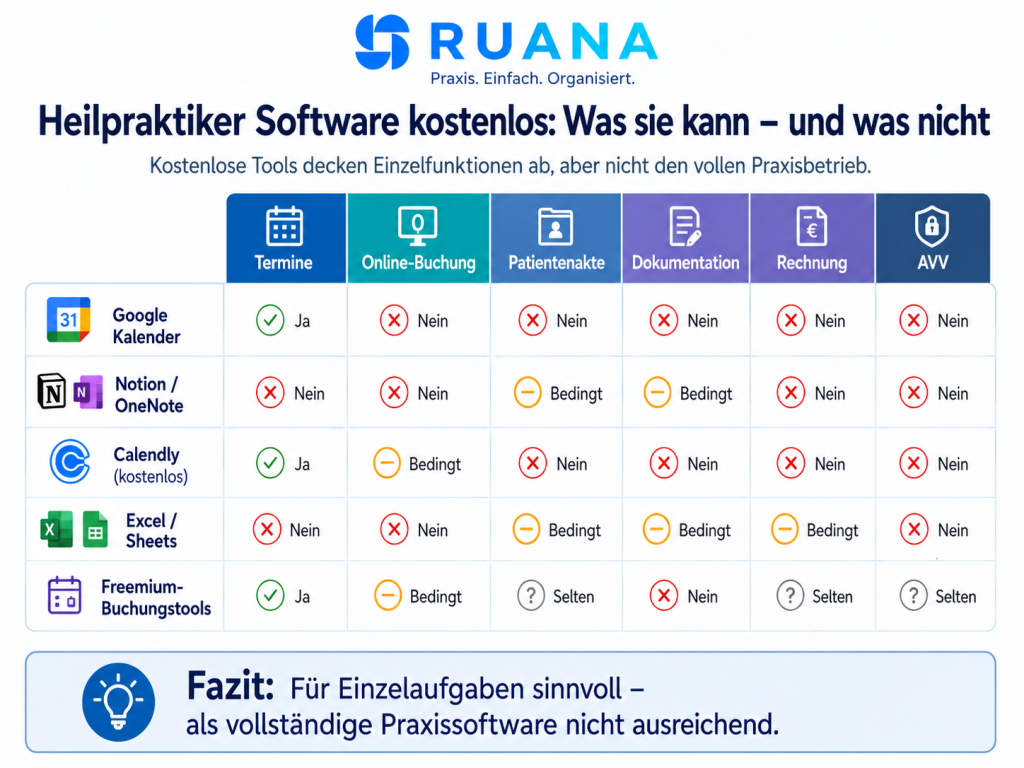 Ruana-Infografik zum Vergleich kostenloser Heilpraktiker-Tools wie Google Kalender, Notion, Calendly, Excel und Freemium-Buchungstools mit Funktionen wie Terminen, Online-Buchung, Patientenakte, Dokumentation, Rechnung und AVV.