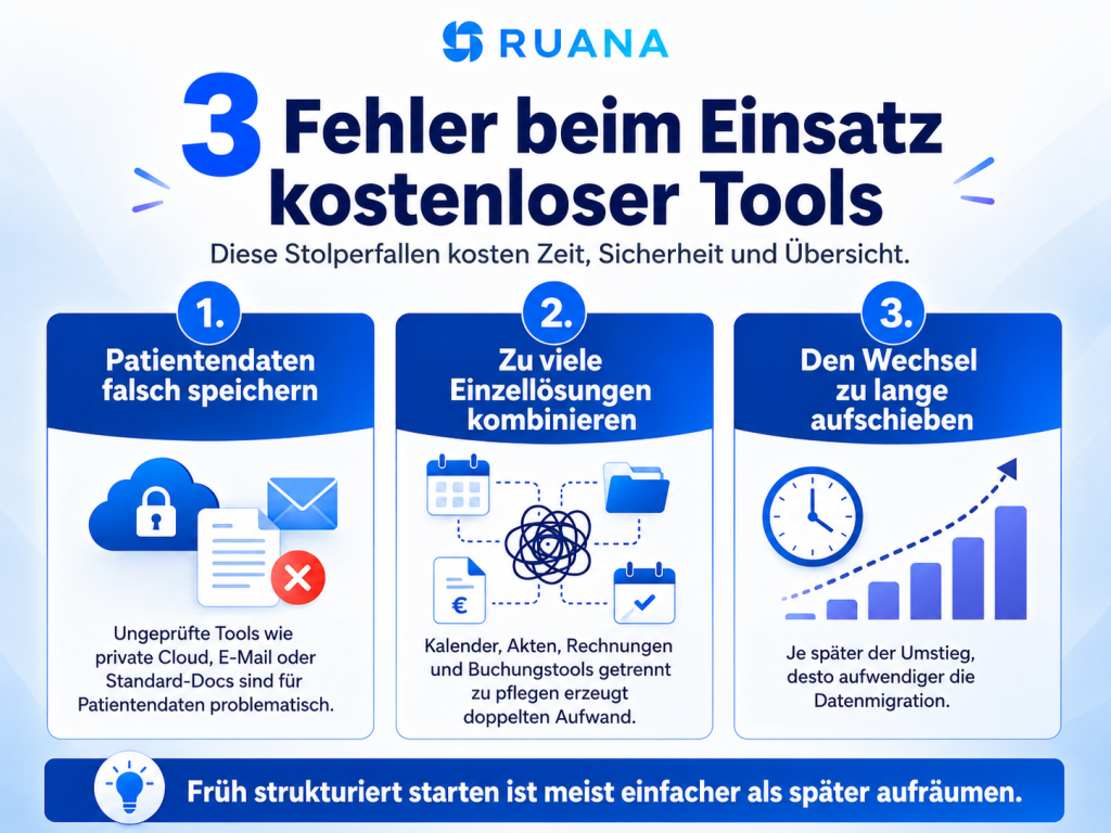 Ruana-Infografik über drei häufige Fehler beim Einsatz kostenloser Tools in Heilpraktikerpraxen: Patientendaten falsch speichern, zu viele Einzellösungen kombinieren und den Wechsel zu lange aufschieben.