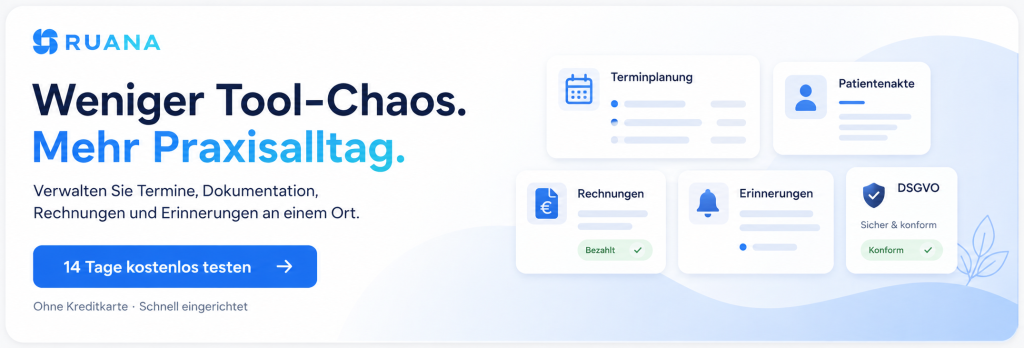 Ruana-CTA-Banner für Heilpraktiker mit Terminplanung, Patientenakte, Rechnungen, Erinnerungen und DSGVO-Hinweis in einer modernen Praxissoftware-Oberfläche.