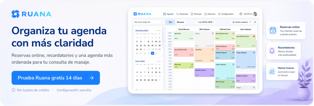 Banner CTA de Ruana para masajistas autónomos con agenda digital, reservas online, recordatorios y beneficios para organizar mejor la consulta.