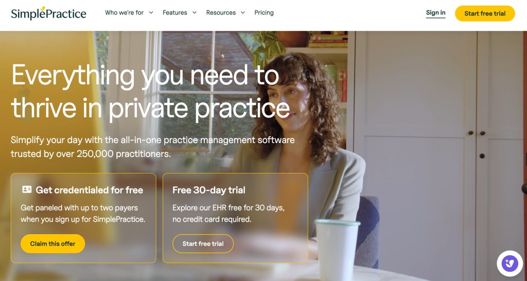 simple practice homepage screenshot
