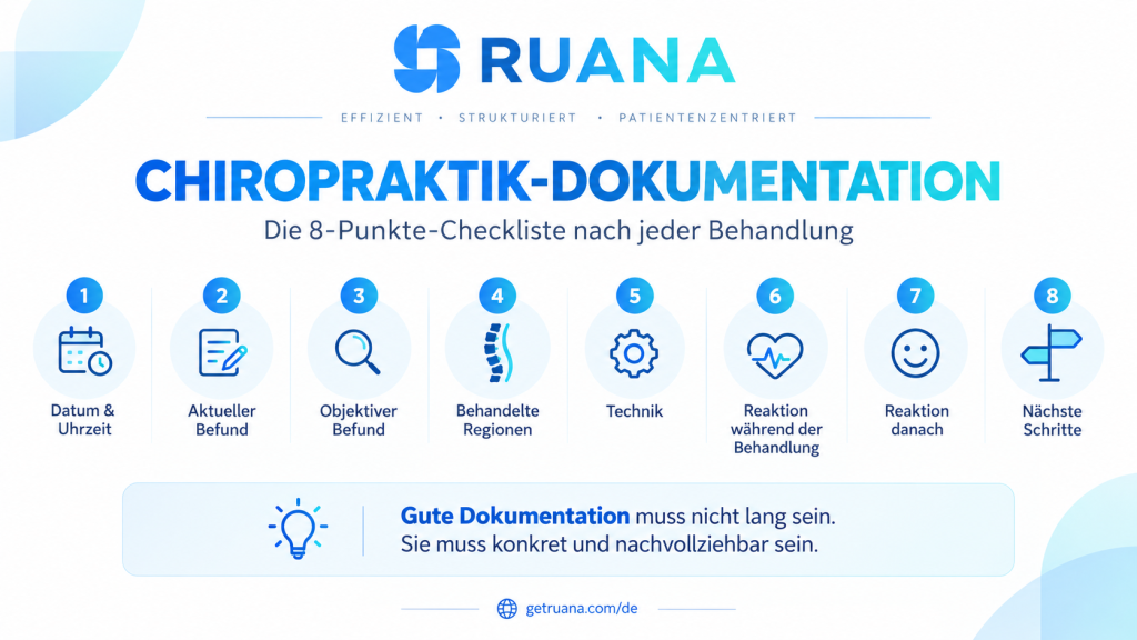 Infografik zur Chiropraktik-Dokumentation mit 8 Punkten: Datum und Uhrzeit, aktueller Befund, objektiver Befund, behandelte Regionen, Technik, Reaktion während der Behandlung, Reaktion danach und nächste Schritte.