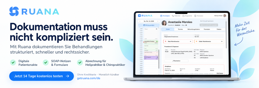 Ruana CTA-Banner zur digitalen Chiropraktik-Dokumentation mit Software-Screenshot und 14-tägigem kostenlosen Test.