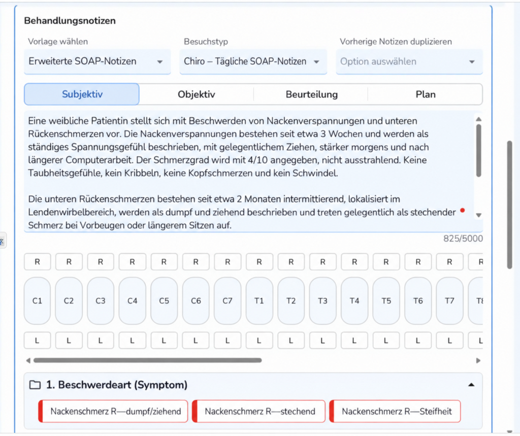 Deutsche Benutzeroberfläche für chiropraktische Behandlungsnotizen mit erweitertem SOAP-Formular, Tabs für Subjektiv, Objektiv, Beurteilung und Plan sowie dokumentierten Nacken- und Rückenschmerzen.