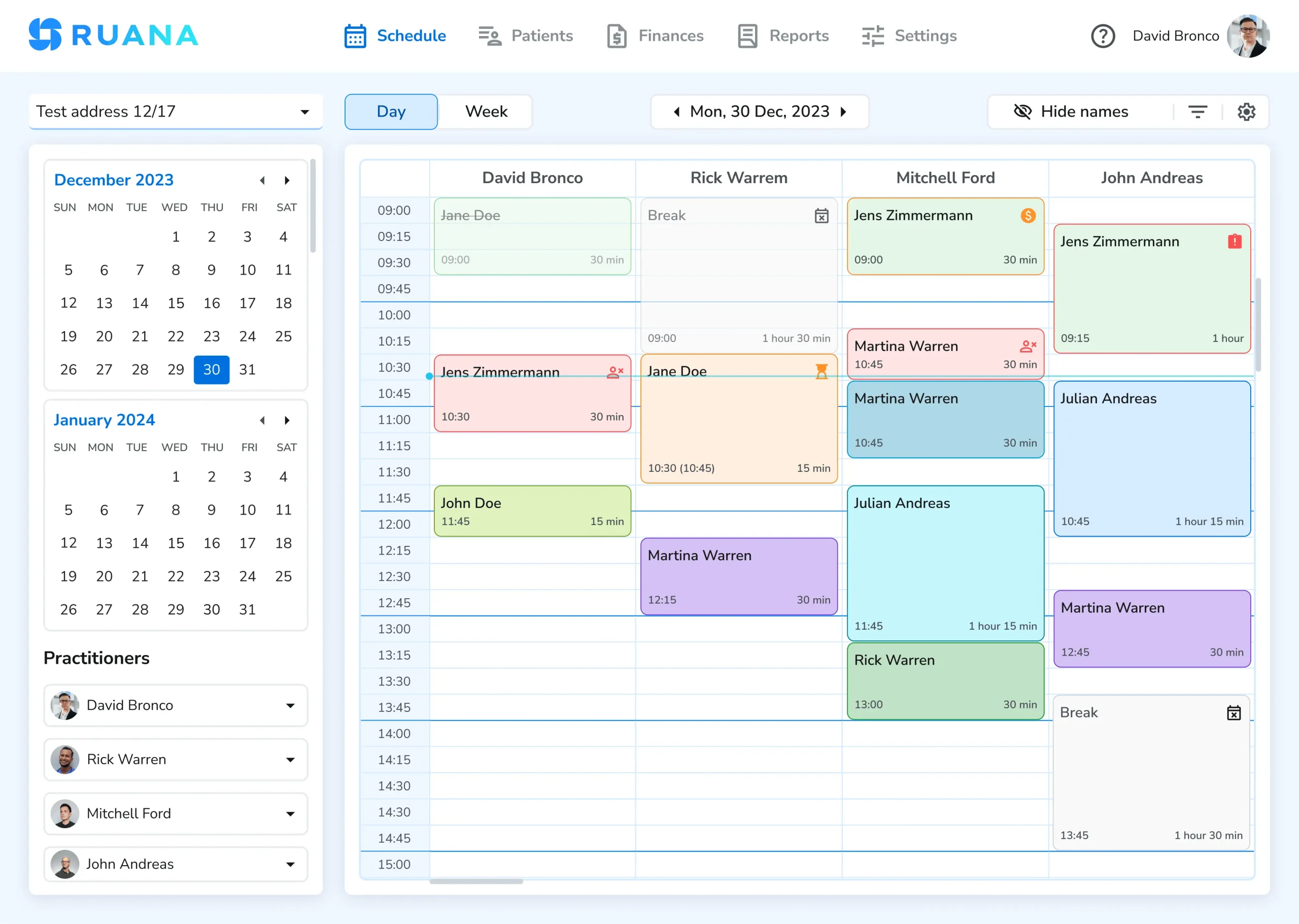 Color-coded schedule in Ruana practice management software