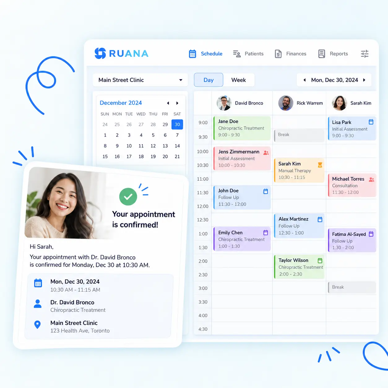 Scheduling calendar in Ruana practice management software